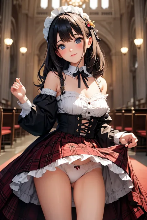 very cute and beautiful girl,(highly detailed beautiful face and eyes:1.2), (smile),blush,black hair,cowboy shot,looking at viewer,brown plaid classic lolita dress with detailed frills,detailed lace,(skirt lift,white panties), altar,church,indoors, (best q...