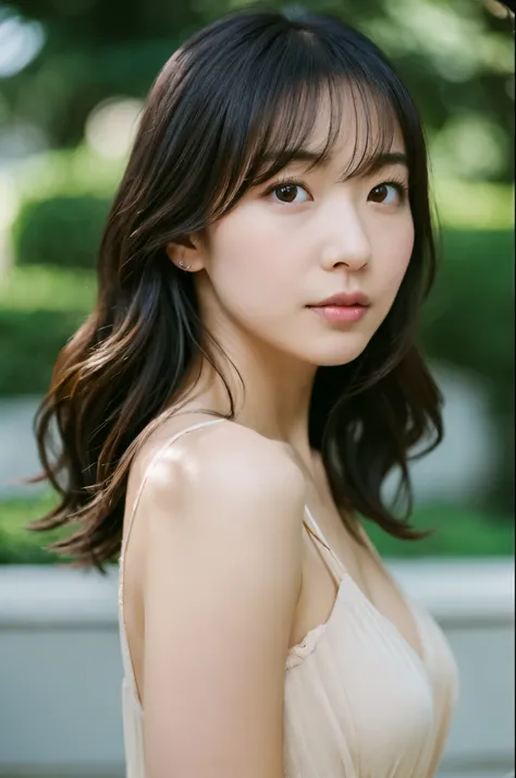 movie, film portrait photography, hosomi japanese woman, 30 years old, bare shoulders, wavy shoulder-length hair, calm, calm, (r...