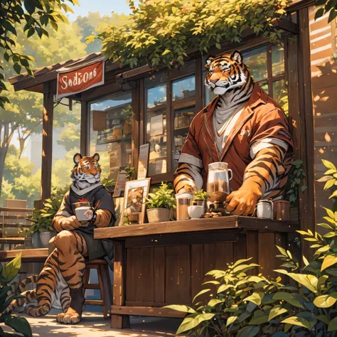 (best quality,4k,8k,highres,masterpiece:1.2),ultra-detailed,(realistic,photorealistic,photo-realistic:1.37),tiger man,coffee,day...