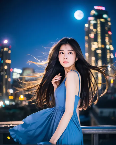 beautiful japanese girl　complex colored thin hair　long hair fluttering in the wind　blue dress eyes　magical beautiful eyes　smooth soft skin　night　starry sky　abnormally large moon　standing at the top of the metropolis　Very big full moon　professional lighting...