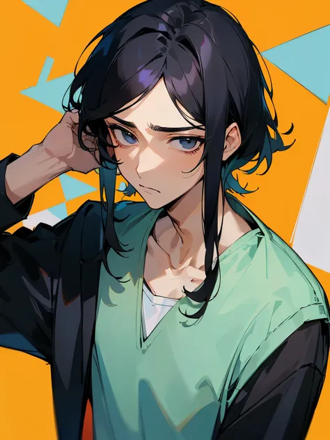 ((best quality)), ((muste piece)), perfect face,((1 male)),20代の男性,solo,Handsome guy,cool,adult,droopy eyes,black hair,center parted bangs,Depressed face,See below,