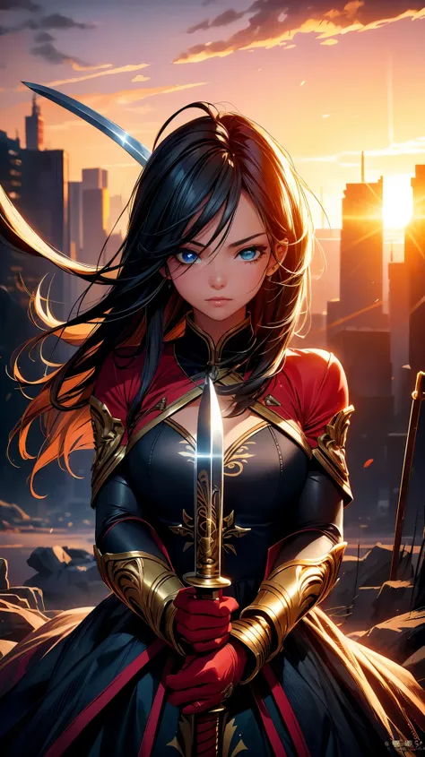 (8K, RAW photo, 最high quality, masterpiece: 1.2), High-definition RAW color photo, Professional photo shoot, cinematic light, alone, Girl wielding a big sword、Chopper knife, Executioner, An illustration、Face and eye details、flowing hair、strong and determin...