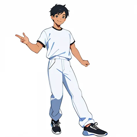 2d character, high resolution, high quality, masterpiece, png, male, teenager, black hair, white t-shirt, black shirt, white pants, standing, smiling to the camera, happy, energetic, white background