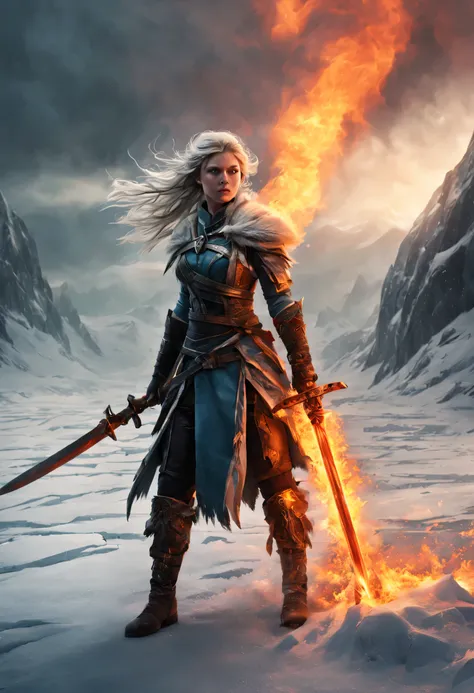 frozen land, blizzard wind, female warrior with flaming sword standing tired