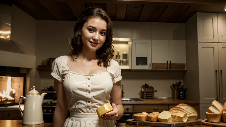 Pinup, girl, holding a butter pot, advertising, tv show, smile, butter, bread, hot, 4k, ultra details, cinematic, high quality, best quality, photo-realistic, raw-photo, realistic, ultra realistic 8k cg, ultra-detailed, High definition, masterpiece, intric...