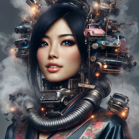 photo of realistic, lip gloss, realistic, top quality, ultra high resolution, depth, Beautiful steampunk Japanese cyborg landlady wears a muffler in the shape of a highway with vintage minicars around her upper body, explosion effects, smoke,gorgeous,full ...