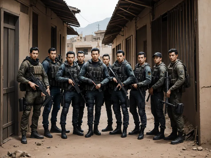 arafed image of a group of eight friends standing in a dirty area, cool, cool composition, with guns, wearing cool clothes, special forces, handsome guy