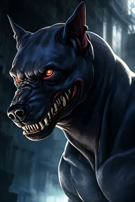 A mysterious creature with a profile picture, resembling a pitbull but with an uncanny danger lurking in its demeanor, bares its sharp teeth in a menacing grin. The image captures the creatures menacing profile, accentuated by its piercing eyes and the int...