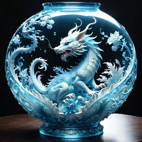 An oriental style vase is displayed in an empty room,There&#39;s a dragon rat inside, RococoStyle, Crystal nuclei, Realistic light depiction, interesting and complex, light blue, hidden academia, World pattern,The body of the vase is illuminated by light, ...