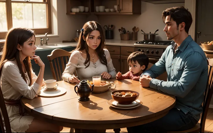 Family gathered at the table to talk