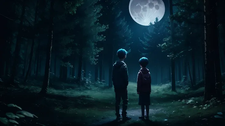 Alien boy meets a human girl in a forest at night under the moon