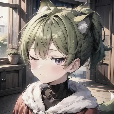 (Masterpiece, best quality, 8k, sharp), 1boy, ((moss green hair)), fluffy bangs, ((short ponytail)), (moss green fox ears that match hair color, three small moss green fox tails that match hair color, young, 8 year old child), flat chest, japanese, pale sk...