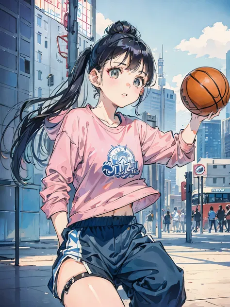 girl shooting a basketball、City、