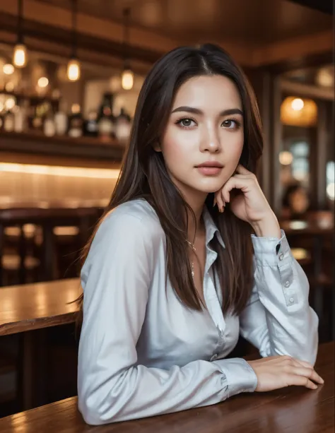 photo of (sh0hreh:0.99), a stunning beautiful young woman, hazel eyes, long messy windy light brown hair, closeup zoomed in tight crop portrait, sitting at a (table on a seaside boardwalk cafe bar drinks cocktails:1.2) wearing a (red designer long sleeve s...