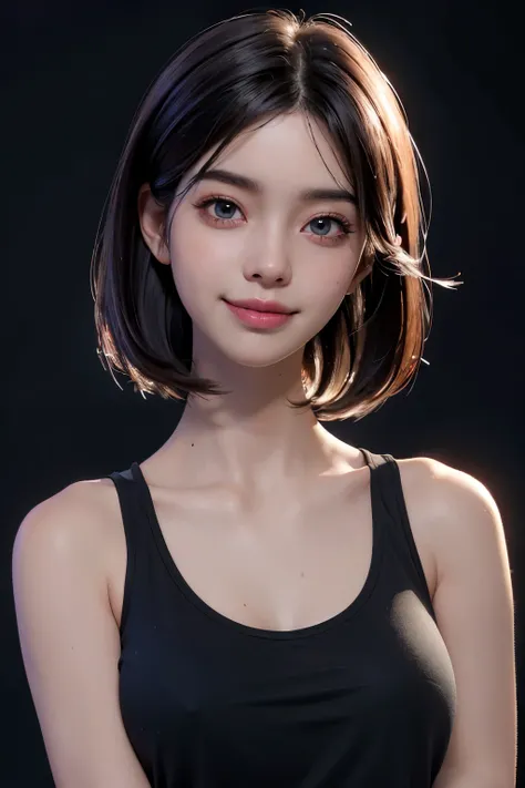 (Ultra Real), (High Resolution), (8K), (Very Detailed), (Beautiful Detailed Eyes), (Best Quality), (Ultra Detailed), (Masterpiece), (Wallpaper), (Detailed Face), Night, Upper Body Up, Smile, Simple Pink Tank Top Girl, kpop, 1girl, in the dark, deep shadow,...