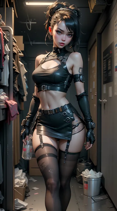 Unreal Engine:1.4,Hyperrealistic K CG, lifelike:1.4, Texture:1.4, masterpiece:1.4,Running beautiful woman with babydoll lingerie、Short cyberpunk style clothing, fishnets pantyhose , Blue miniskirt,