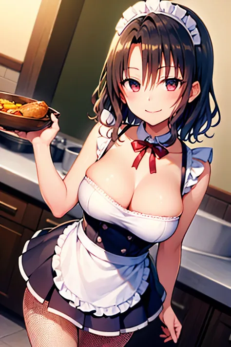 black hair、hot pants　blue、Fishnet Tights　black color、chest open　Ruffled apron　pink、maid headband、big breasts、smile、Are standing　Looking back、kitchen　In the middle of the meal