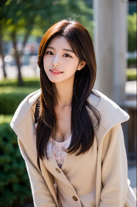 korean women、Real photo of shoulder length hair、Light makeup、Smaller breasts、Wear a coat、clear facial features、8K high resolution、sharp and realistic details、from outside、Shoot at eye level、background blur、Full body female love、F / 4.0、135mm、Fuji Film、jpeg...