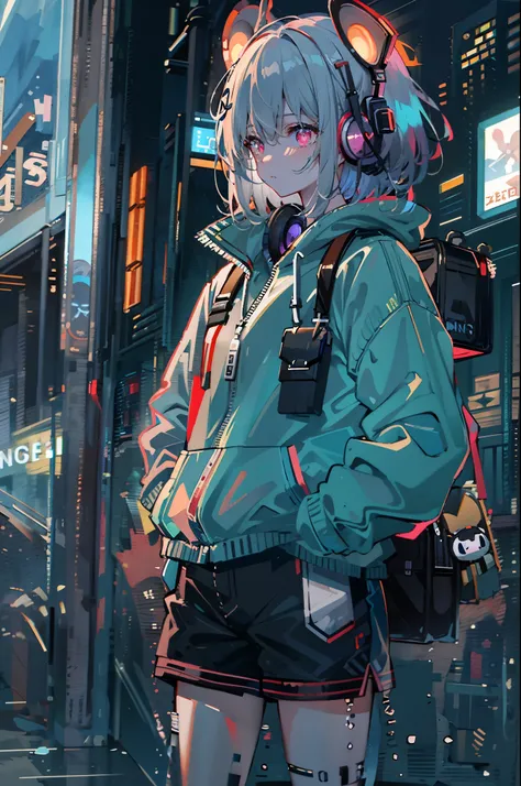 8K resolution、((highest quality))、((masterpiece))、((super detailed))、1 female、solo、incredibly absurd、oversized hoodie、headphones、street、outdoor、rain、neon、short cut hair、bright colored eyes、put one&#39;s hand in one&#39;s pocket、shorts、water dripping、downer...