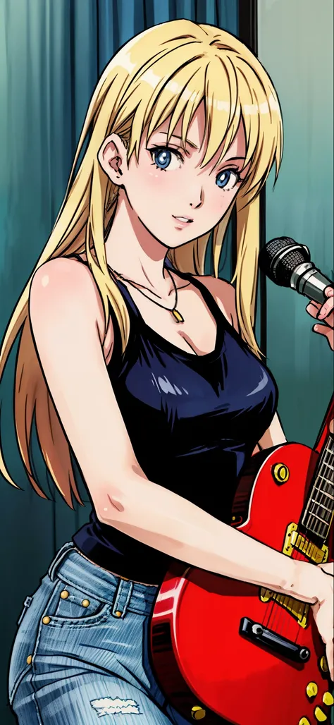 (highest quality,4K,8K,High resolution,table top:1.2), Super detailed, (realistic,photorealistic,photo-realistic:1.37), ((close up of face)),rage, Unfortunate,((blonde hair)), ((long hair)),black camisole, damaged denim jeans,necklace,((playing the guitar)...