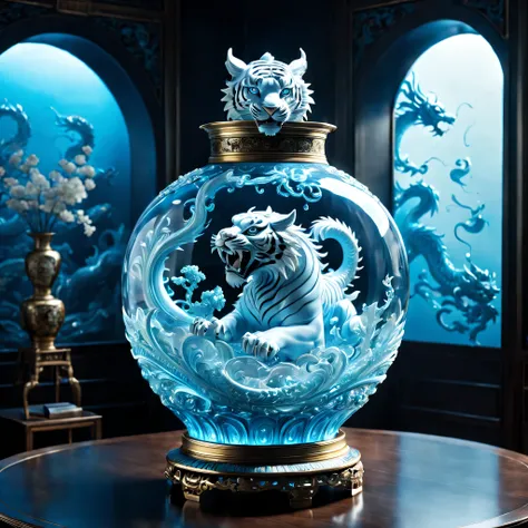 An oriental style vase is displayed in an empty room,There is a dragon and tiger inside, RococoStyle, Crystal nuclei, Realistic light depiction, interesting and complex, light blue, hidden academia, World pattern,The body of the vase is illuminated by ligh...