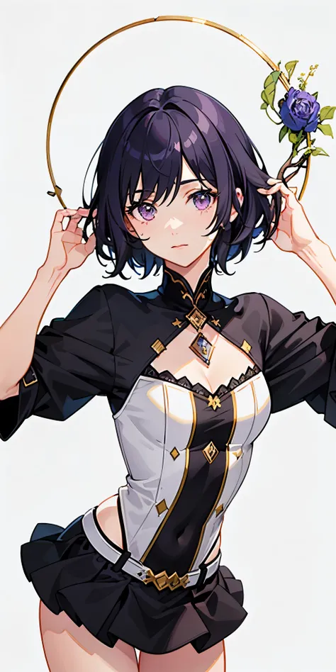 positive:((masterpiece)), (((best quality))), ((Super detailed)), ((illustration)), ((disheveled hair)), {{{1 girl}}}, short hair,purple eyes,black hair,