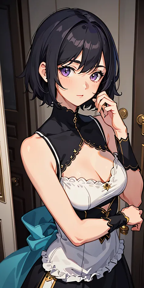 positive:((masterpiece)), (((best quality))), ((Super detailed)), ((illustration)), ((disheveled hair)), {{{1 girl}}}, short hair,purple eyes,black hair,