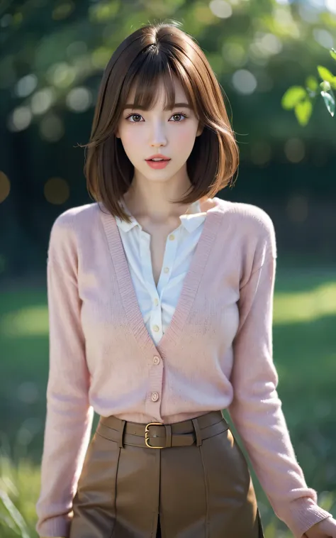 (8K, high resolution, Best quality, masterpiece:1.2)、1 japanese girl, cute, girly, pretty, Gentle face、shiny lips、Natural makeup, open your mouth to say something, (Catch light:1.2), Medium Hair, Smooth Light Brown Hair、Hair swaying in the wind, bangs、8K、h...