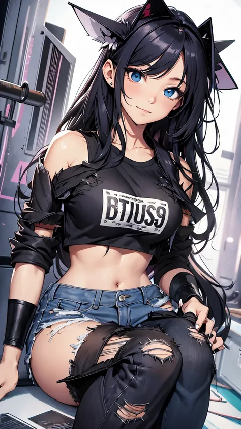 最high quality、Best image quality、masterpiece、teenage girl((18 years old、 by becoming、vest bust、medium bust,Big chest tea、black eyes, black hair、long hair、thin,highest valley、Tattered black t-shirt(2:3)、cute smile,damaged pants(2:3)、perforated gloves、knee s...