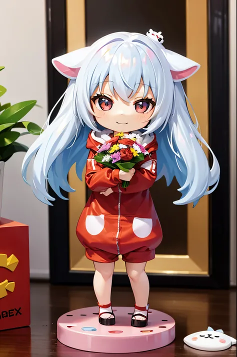 (Chibi:1.3), happy, (holding a bouquet), full body, (Kigurumi), indoors, on the table, (Nendoroid:1.1),