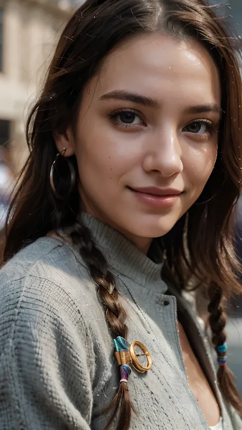 Close up, 23 year old woman, beautiful woman, cute smile, hippy girl, dreadlocks, happy smile, Gucci, fashion model, fully clothed, winter Gucci outfit, expensive store, clothes shop, luxury, highest quality, ultra realistic, hd, HDR, hyper detailed, profe...