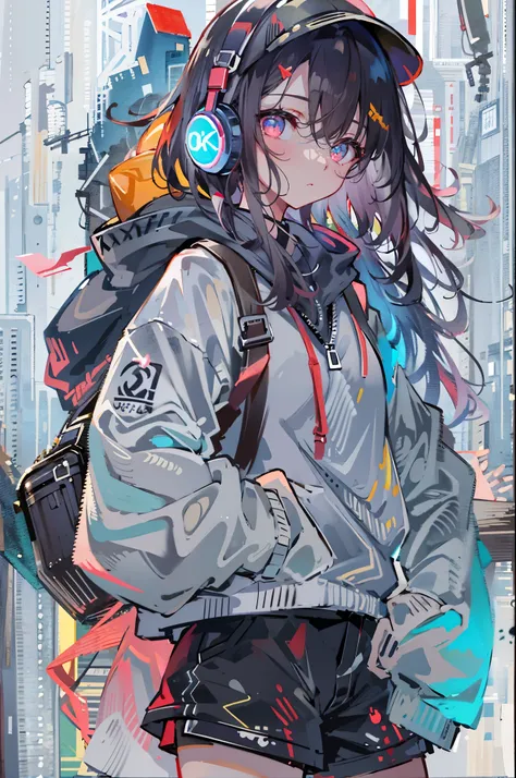 8K resolution、((highest quality))、((masterpiece))、((super detailed))、1 female、solo、incredibly absurd、oversized hoodie、headphones、street、outdoor、rain、cute neon、short cut hair、bright colored eyes、put one's hand in one's pocket、shorts、water dripping、d...