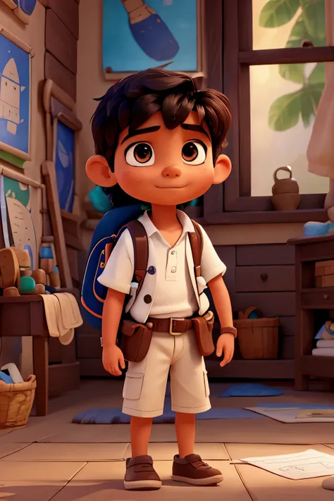 In the enchanting world of Disney, visualize a little Indian boy with a white underwear shirt, a pen tucked behind his ear, and a backpack slung over his shoulders. His eyes are bright, round, and full of curiosity as he scribbles on a piece of paper. High...