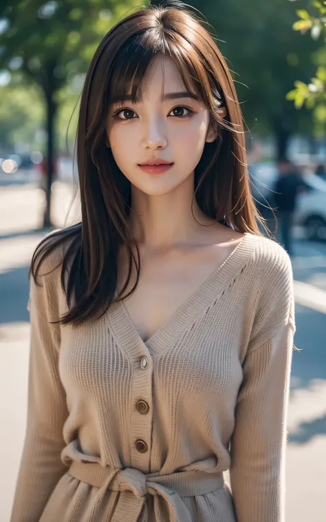 (8K, high resolution, Best quality, masutepiece:1.2)、1 girl, cute, girly, pretty, Gentle face、shiny lips、Double eyelids in both eyes、Natural makeup, smile, (highlights in the eyes:1.2), long eyelashes light, Medium Hair, Smooth Light Brown Hair、Hair swayin...