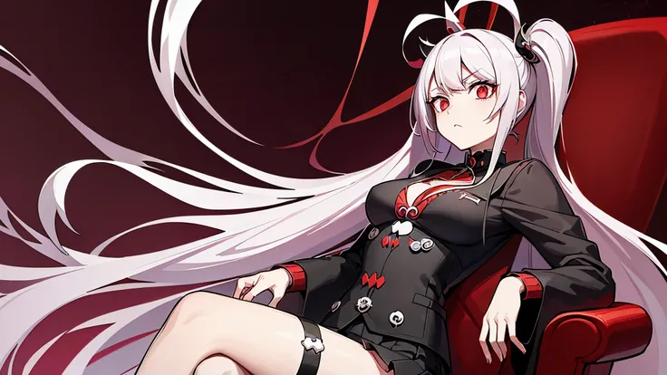 Red-eyed anime girl sitting on skull chair, gapmoe sick grimdark, skullgirls, gapmoe sick, sick, sick intricate, Danganronpa Junko Eshima, anime wallpaper, sick. High, Danganronpa digital art, Inspired by Ibrahimovic Eisner, Owari Akane Danganronpa
