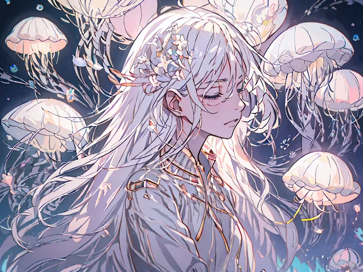 white hair girl，dream，surrounded by glowing translucent jellyfish、waves、starry sky、moon、white blossoms、dreamy、artistic sense、emp...