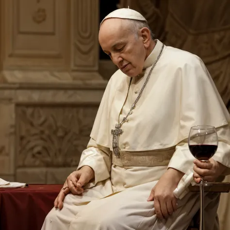 view from afar, wide shot from above, wide-angle, drunken pope francis laying on an altar. (white tablecloth stained with red wi...