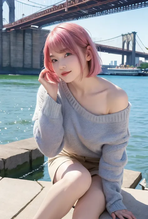 pose for a photo、model pose、bold pose、raise both hands、leaning forward posture、(standing with legs wide apart:1.3)、(pink hair:1.1)、beautiful asian girl、japanese girl、cute thin face of girl、young woman、short hair、smile、((highest quality、8k、masterpiece:1.3))...