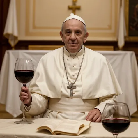 wide shot from above, wide-angle, drunken pope francis laying on an altar. (white tablecloth stained with red wine), a glass of ...