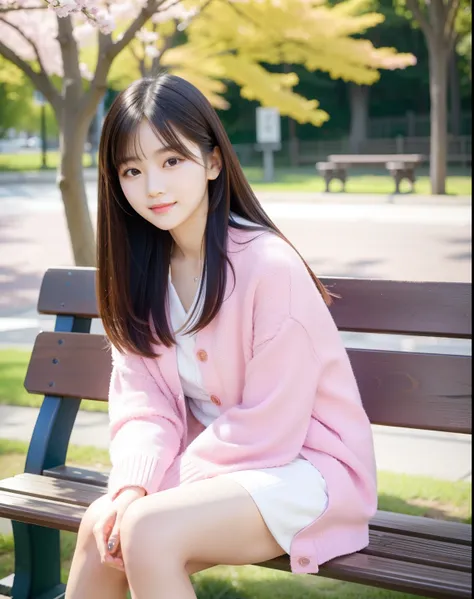 An arafi woman wearing pink cardigan and sitting on a park bench, light smile, Korean Girl, korean female fashion model, Beautiful young Korean woman, Korean Woman, Gorgeous young Korean woman, beautiful Korean women, Chinese girl, real life anime girl, Be...