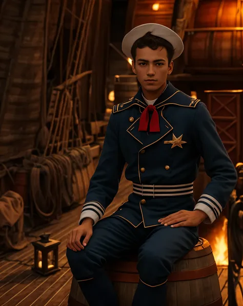 4k ultra realistic a young sailor man on the deck of the ship sitting on a barrel, as estrela brilham forte no ceu a noite 