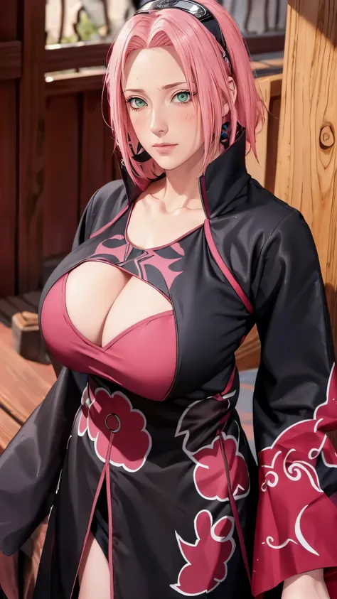 （（（short hair，pink hair，（（（danya，Sakura,green eyes,bangs,forehead protector, shinobi symbol, ）））））），((masterpiece)),high resolution, ((Best quality at best))，masterpiece，quality，Best quality，（（（ Exquisite facial features，looking at the audience,There is li...