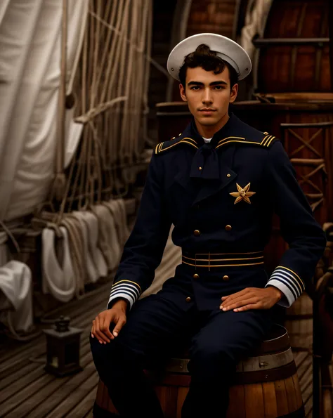 4k ultra realistic a young sailor man on the deck of the ship sitting on a barrel, as estrela brilham forte no ceu a noite 