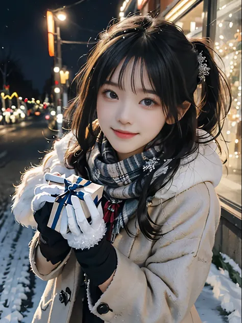 (Close-up portrait of one girl has twin-tailed hair in a winter uniform and scarf coat:1.5)、(One girl with a shy smile has a gift box in hand  with gloves:1.5)、(Snowy winter night street corner with Christmas lights:1.5)、(Perfect Anatomy:1.3)、(No mask:1.3)...