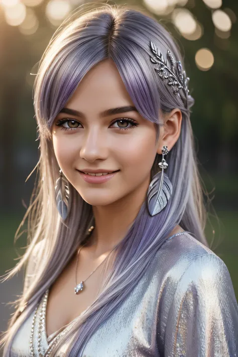 UHD, masterpiece, textured skin, super detailed, high quality, award wining, best quality, en plein air, cinematic lighting, silver hair, feather hair ornament, purple eyes, earrings, light smile, high school girl, full body