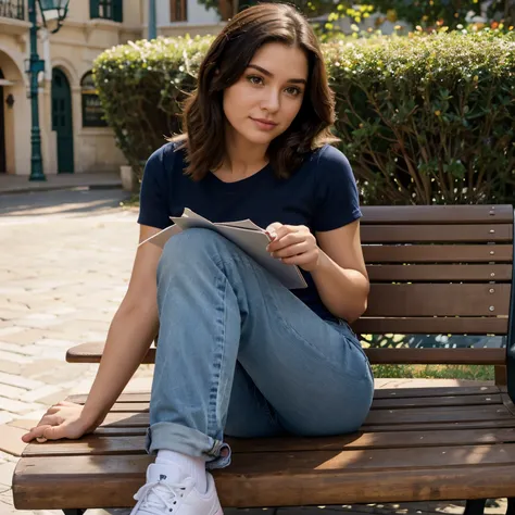 Disney Pixar uma mulher de 23 anos cabelos cacheados louro bem volumoso, camisa branca, jeans, tennis, holding a notebook in hand, sitting on a bench in the square 