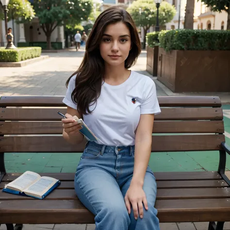 Disney Pixar uma mulher de 23 anos cabelos cacheados louro bem volumoso, camisa branca, jeans, tennis, holding a notebook in hand, sitting on a bench in the square 