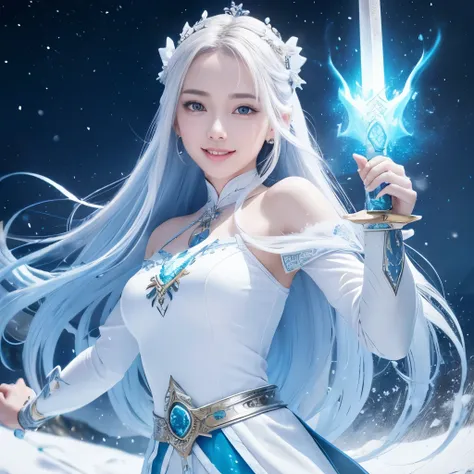 Drawing a snowy mountain sword, Sword with cold ice flame of woman in ancient style, Hold the sword that burns the blue flame, White clothes dancing swords in the snow Flowing long hair, Beauty with a silver longsword, Wearing jade jewelry, Her face is ful...