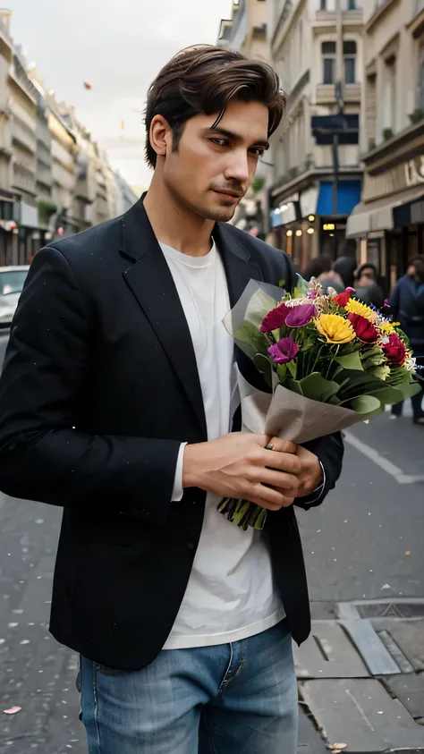 a man offering a huge bouquet of flowers in the street of paris, urban outfit