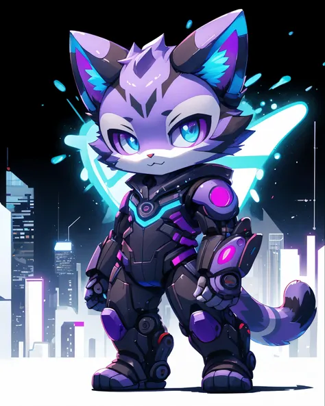 Cat wearing futuristic mecha suit, chibi, standing, background neon city, with light purple and blue, stunning style